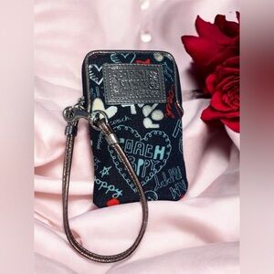 Coach Black Canvas Poppy Multi Leather Silver Trim Credit Card Zip Wristlet